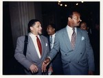 Mickey Leland with Jesse Jackson, Meryvn Dymally at press conference by The Mickey Leland Papers & Collection Addendum. (Texas Southern University, 2018)