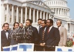 Mickey Leland ; Ron Dellums, others on congress lawn for South Africa Override of President Reagan's Veto of South Africa Sanctions bill by The Mickey Leland Papers & Collection Addendum. (Texas Southern University, 2018)