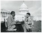 Mickey Leland with reporter and interview on Capitol lawn by The Mickey Leland Papers & Collection Addendum. (Texas Southern University, 2018)